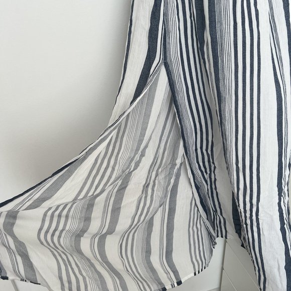 Linen Maxi Dress High Slit w/ Elastic Waistband Blue and White Stripes - Picture 4 of 7